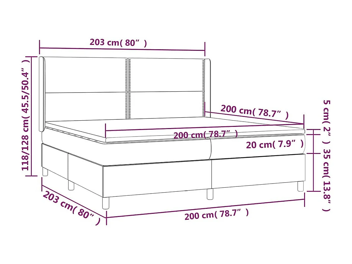 Letto a Molle Materasso e LED bianco 200x200cm in Tessuto