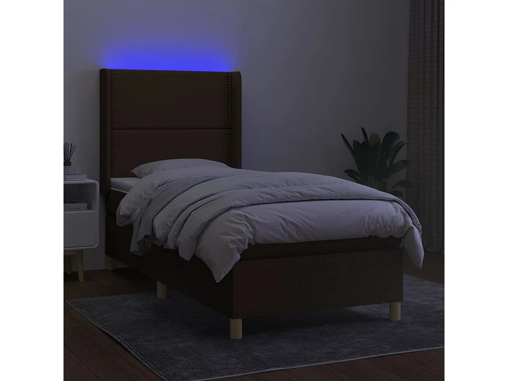 Letto a Molle Materasso e LED Marrone Scuro 90x190cm in Tessuto