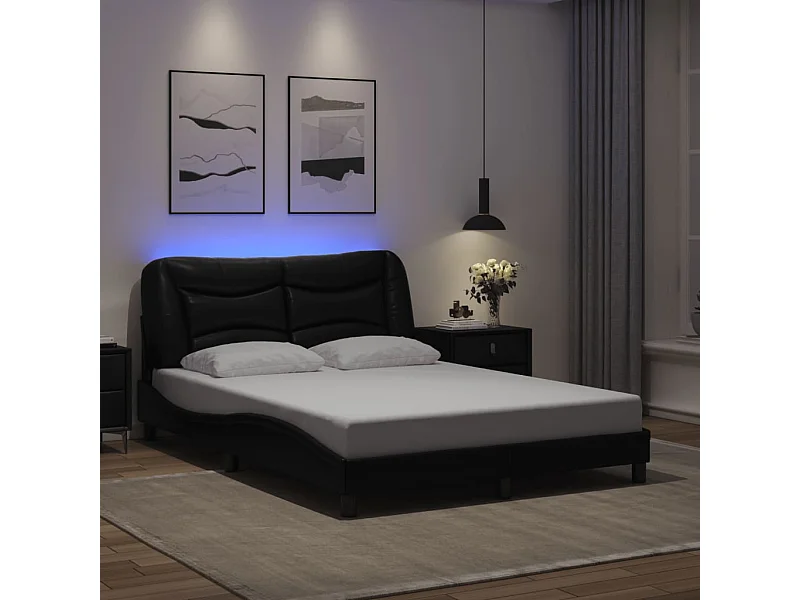 Estructura de cama con luces LED cuero PE negro 140x200 cm