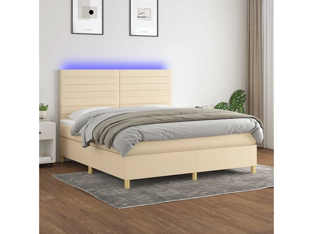 Sommier à lattes de lit et matelas et LED Crème 180x200cm Tissu
