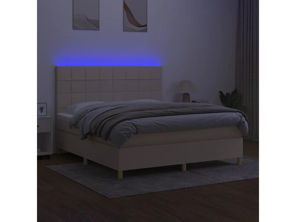 Cama box spring c/ colchão e LED 180x200 cm tecido cor creme