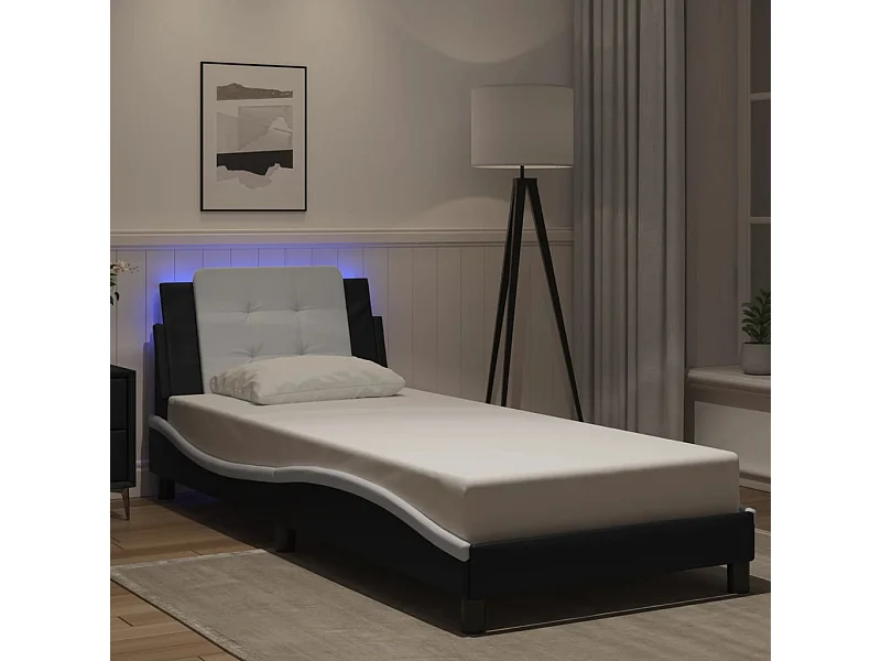 Estrutura cama c/ luzes LED 80x200cm couro artif. preto/branco
