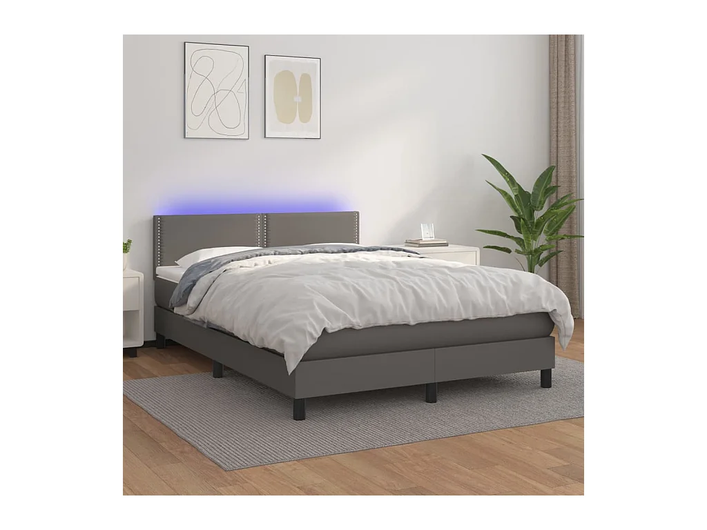 Cama box spring colchón y LED cuero sintético gris 140x190 cm