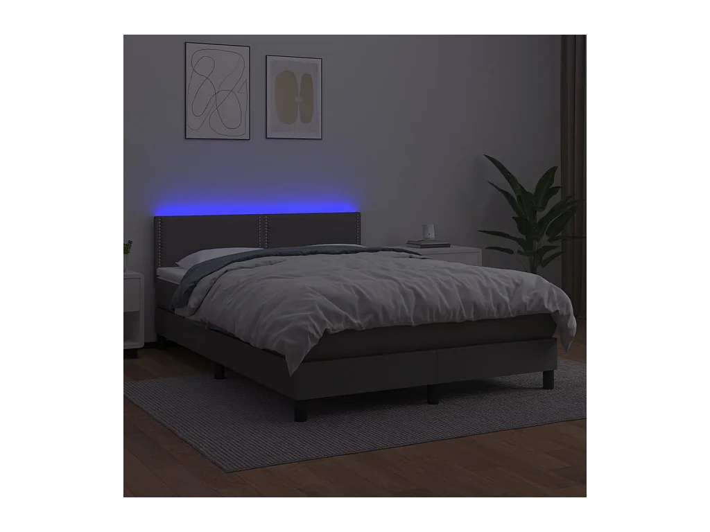 Cama box spring colchón y LED cuero sintético gris 140x190 cm