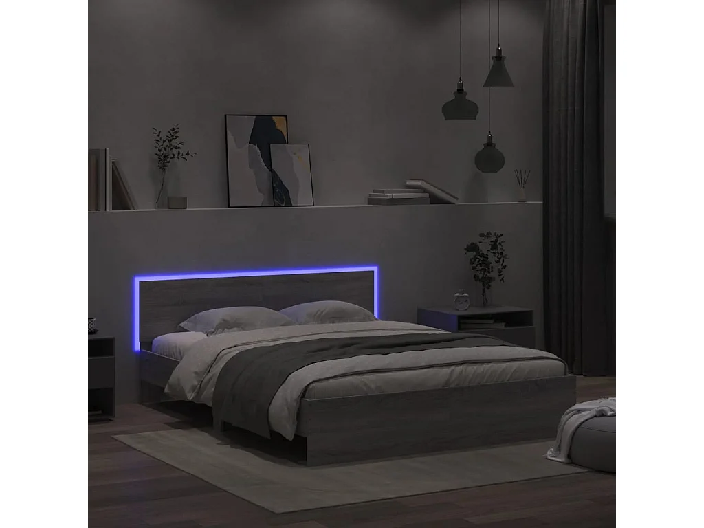 Estructura de cama cabecero y luces LED gris Sonoma 160x200 cm