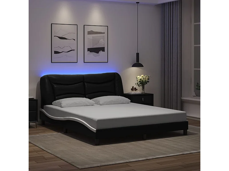 Giroletto con Luce LED Nero e Bianco 160x200 cm in Similpelle