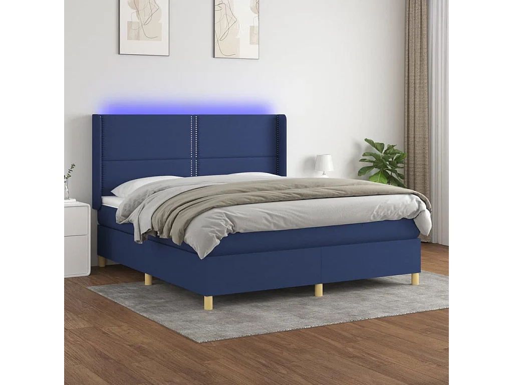Letto a Molle con Materasso e LED Blu 160x200 cm in Tessuto