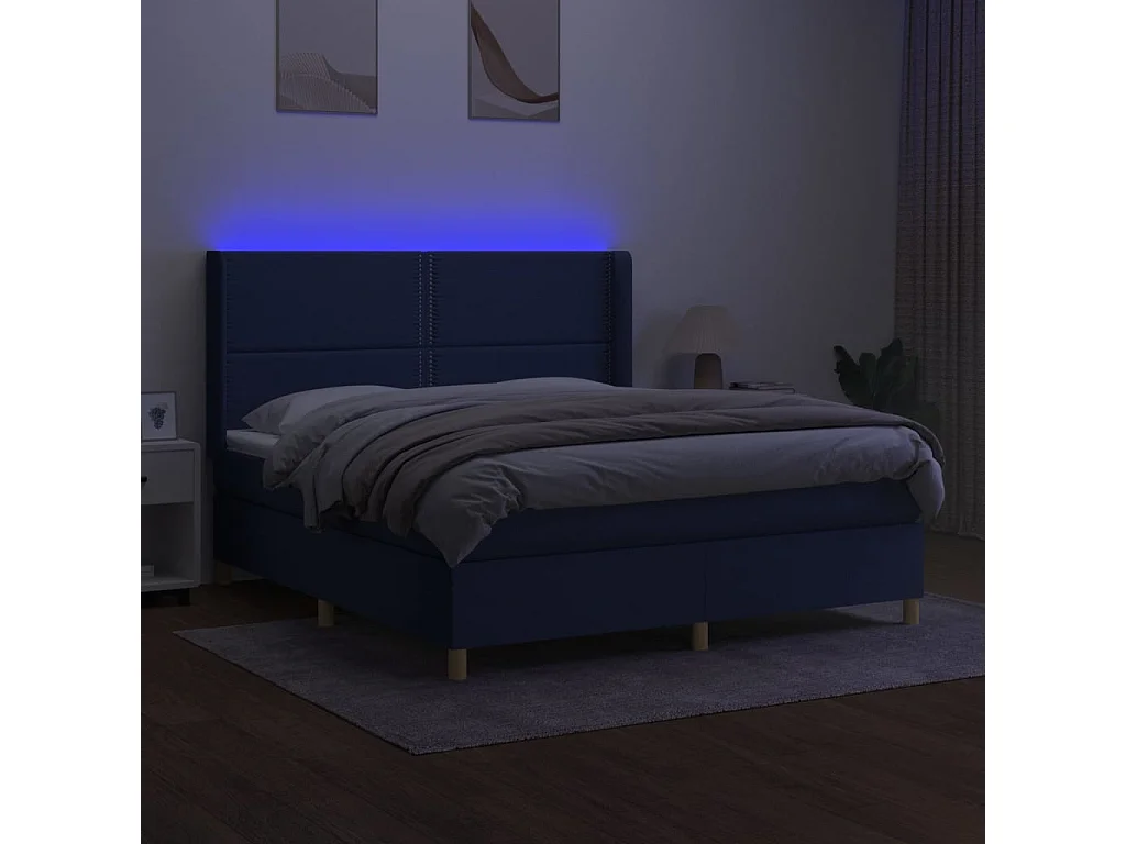 Letto a Molle con Materasso e LED Blu 160x200 cm in Tessuto