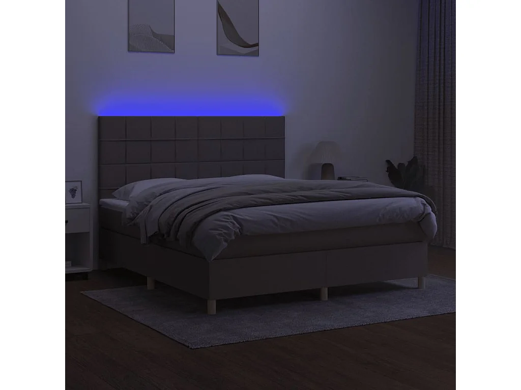 Cama box spring colchón y luces LED tela gris taupe 180x200 cm