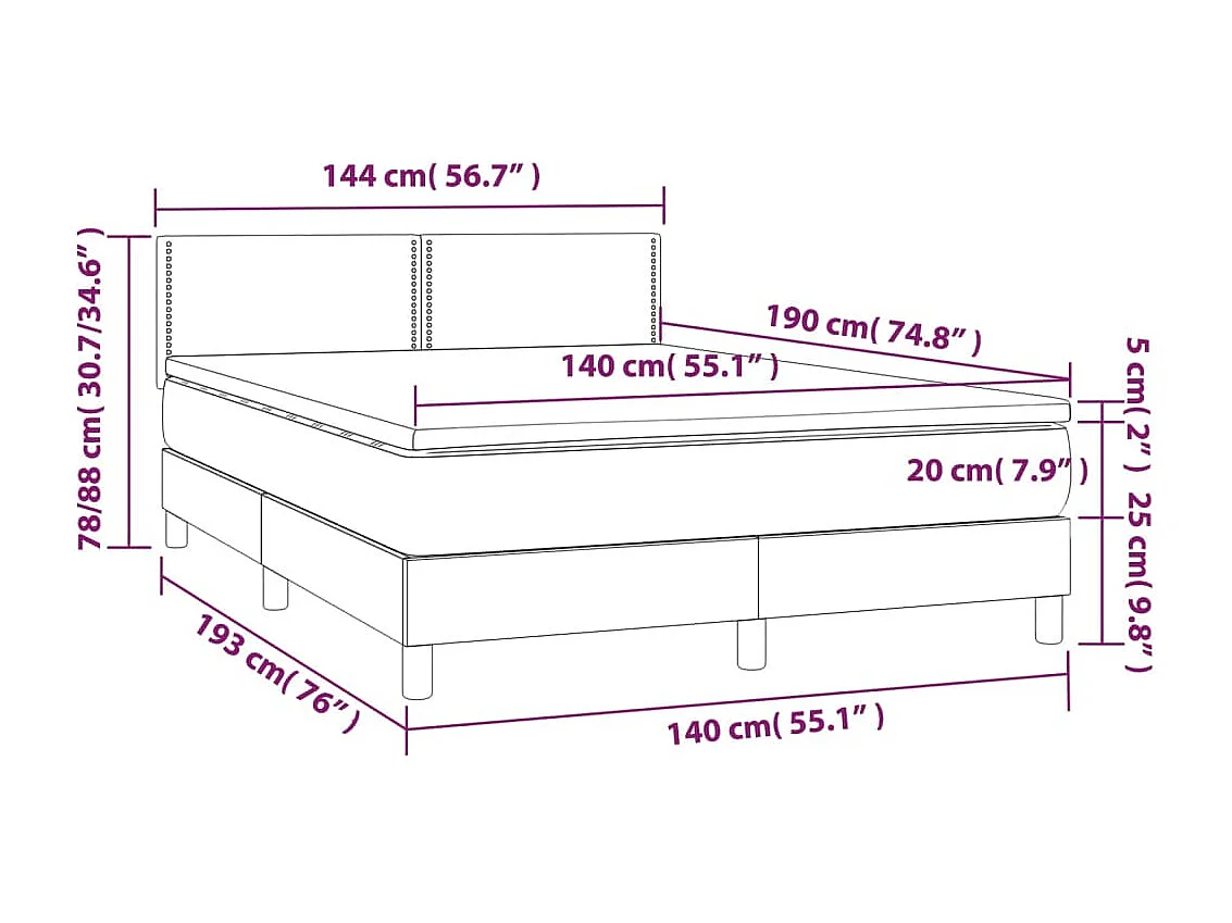 Cama box spring c/ colchão e LED 140x190 cm tecido preto