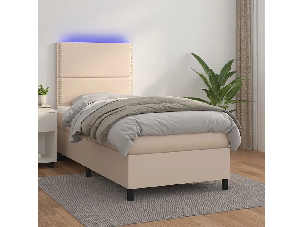 Cama box spring c/colchão/LED 100x200cm couro artif. cappuccino