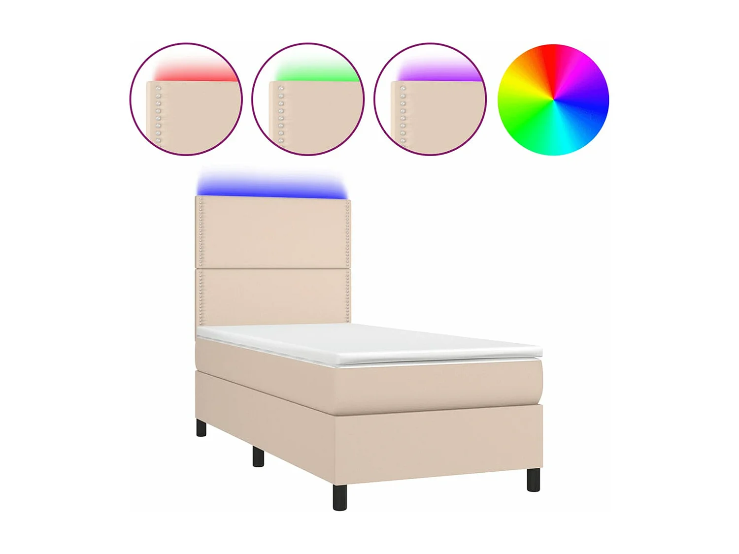 Cama box spring c/colchão/LED 100x200cm couro artif. cappuccino