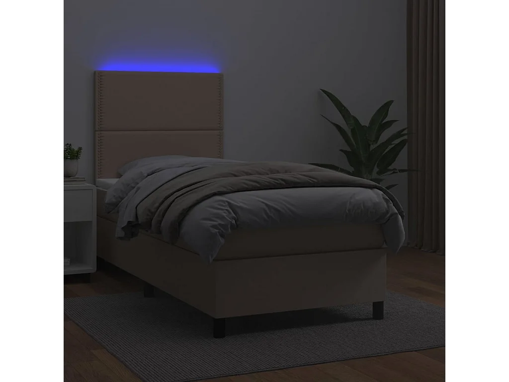 Cama box spring c/colchão/LED 100x200cm couro artif. cappuccino