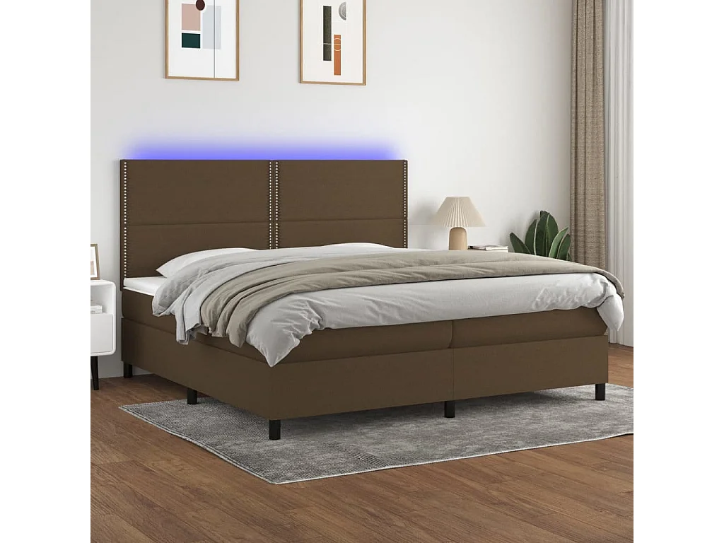 Cama box spring c/ colchão/LED 200x200cm tecido castanho-escuro