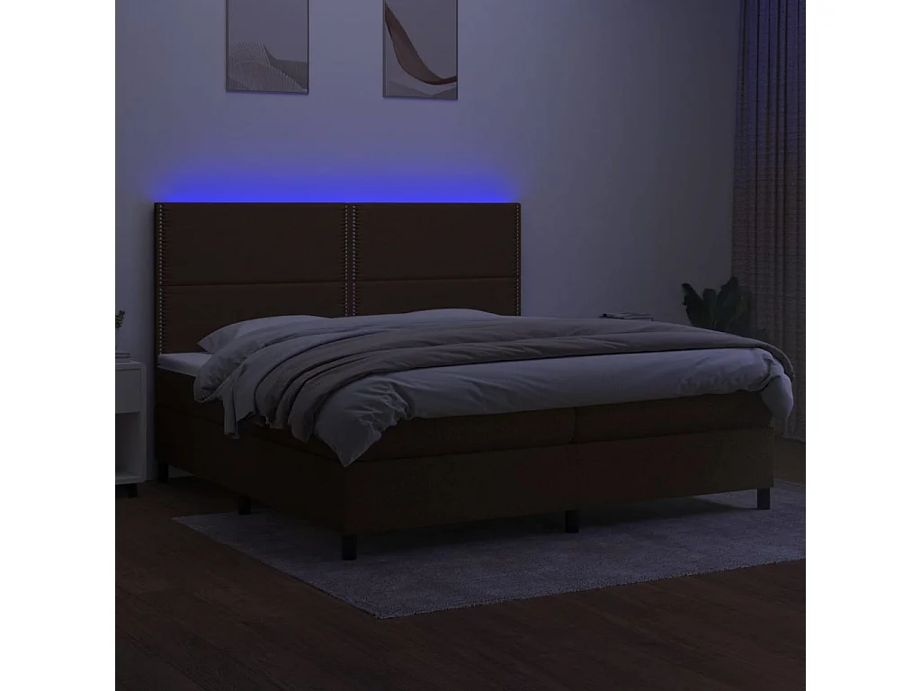 Cama box spring c/ colchão/LED 200x200cm tecido castanho-escuro