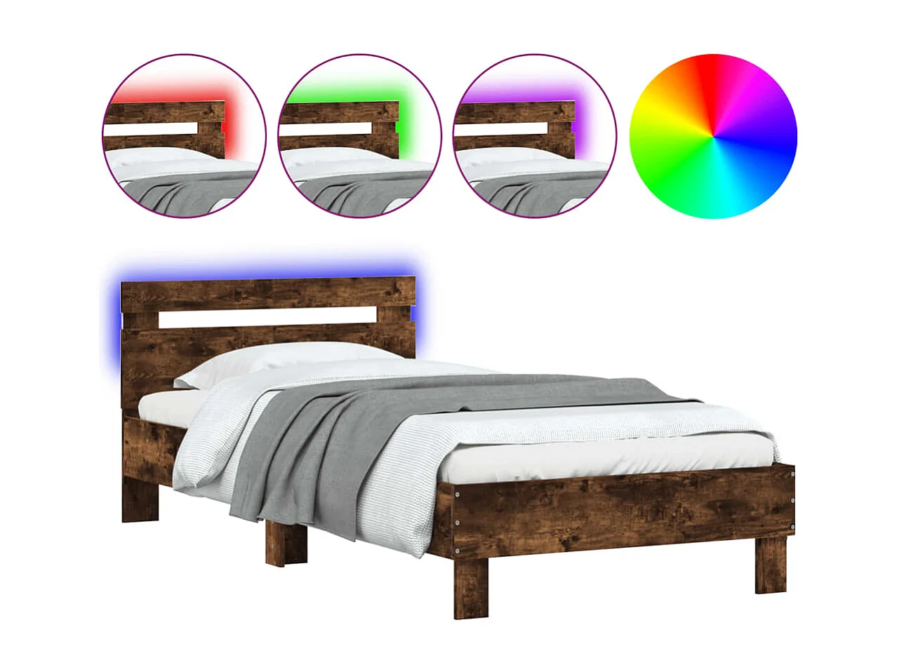 Bettgestell mit Kopfteil & LED-Leuchten Räuchereiche 100x200 cm