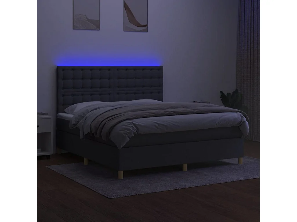 Cama box spring colchón y luces LED tela gris oscuro 180x200 cm