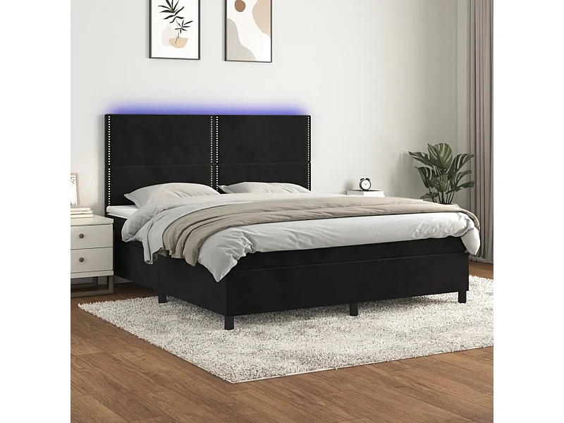 Letto a Molle con Materasso e LED Nero 160x200 cm in Velluto
