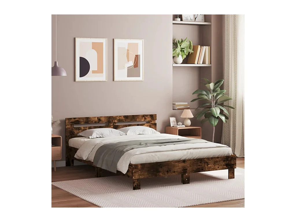 Estructura de cama cabecero y luces LED roble ahumado 140x200cm