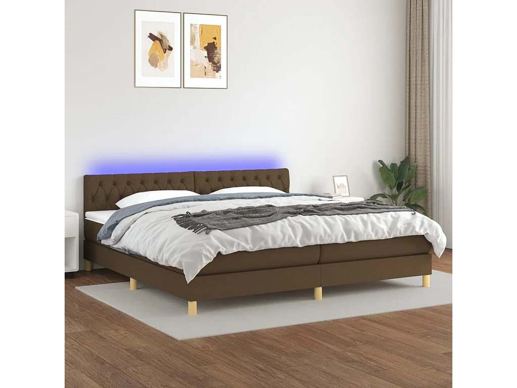 Letto a Molle Materasso e LED Marronescuro 200x200cm in Tessuto