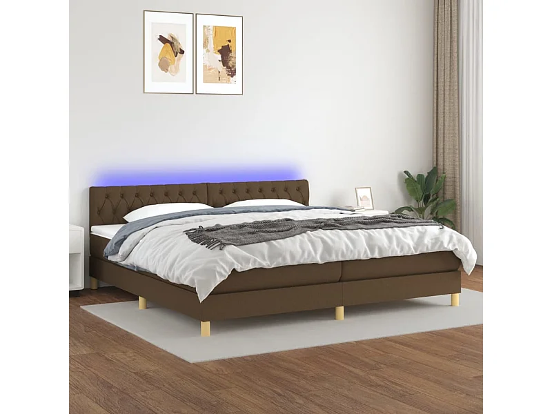Cama box spring con colchón LED tela marrón oscuro 200x200 cm