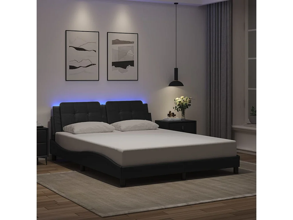 Estructura de cama con luces LED cuero PE negro 160x200 cm