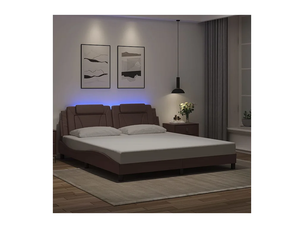 Estructura cama con luces LED cuero sintético marrón 180x200 cm