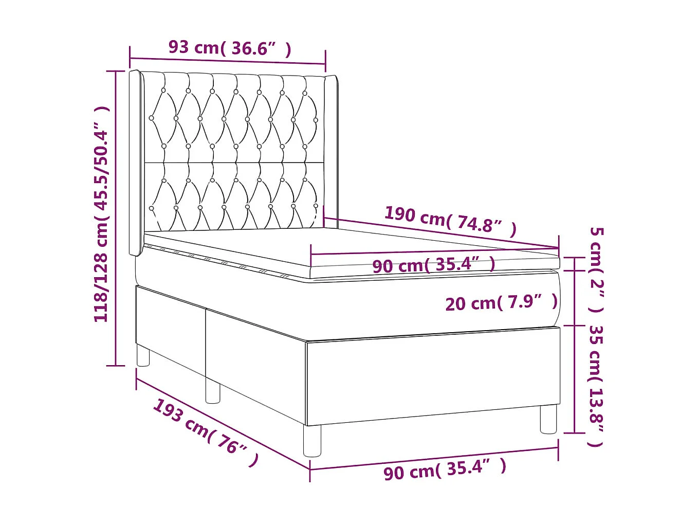 Cama box spring + colchão/LED 90x190cm tecido cinza-acastanhado