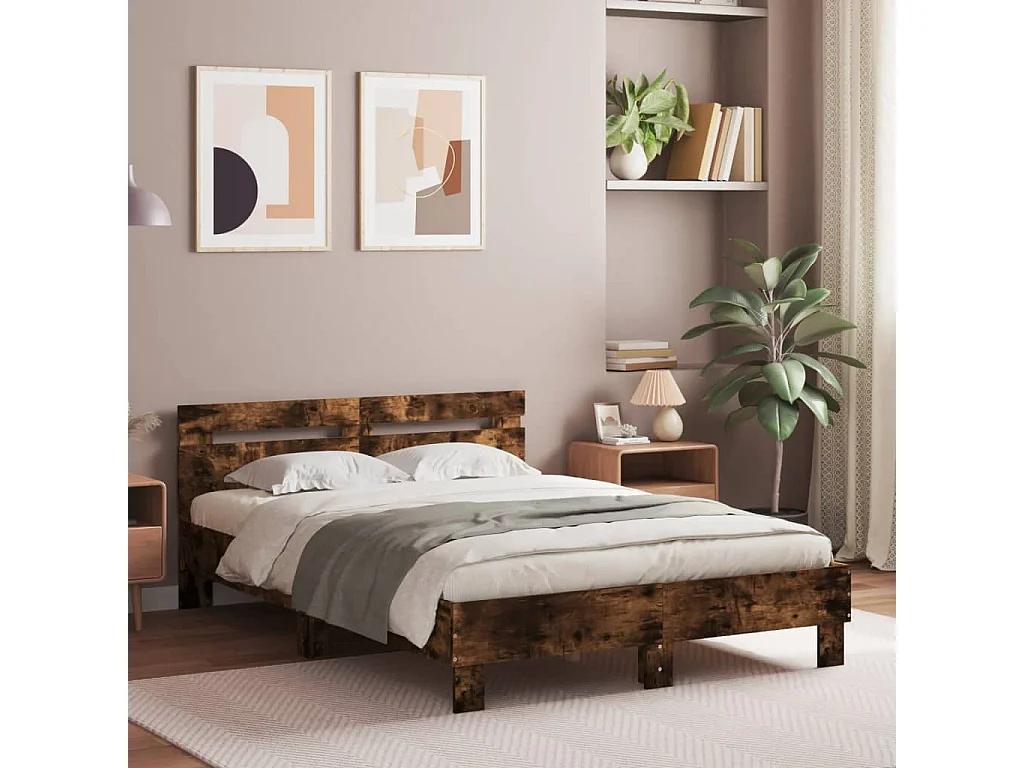 Cadre de lit avec LED sans matelas chêne fumé 135x190 cm