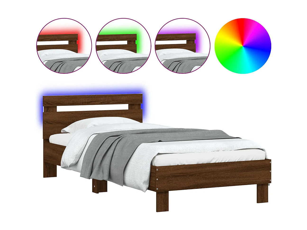 Estructura de cama cabecero luces LED marrón roble 90x190 cm