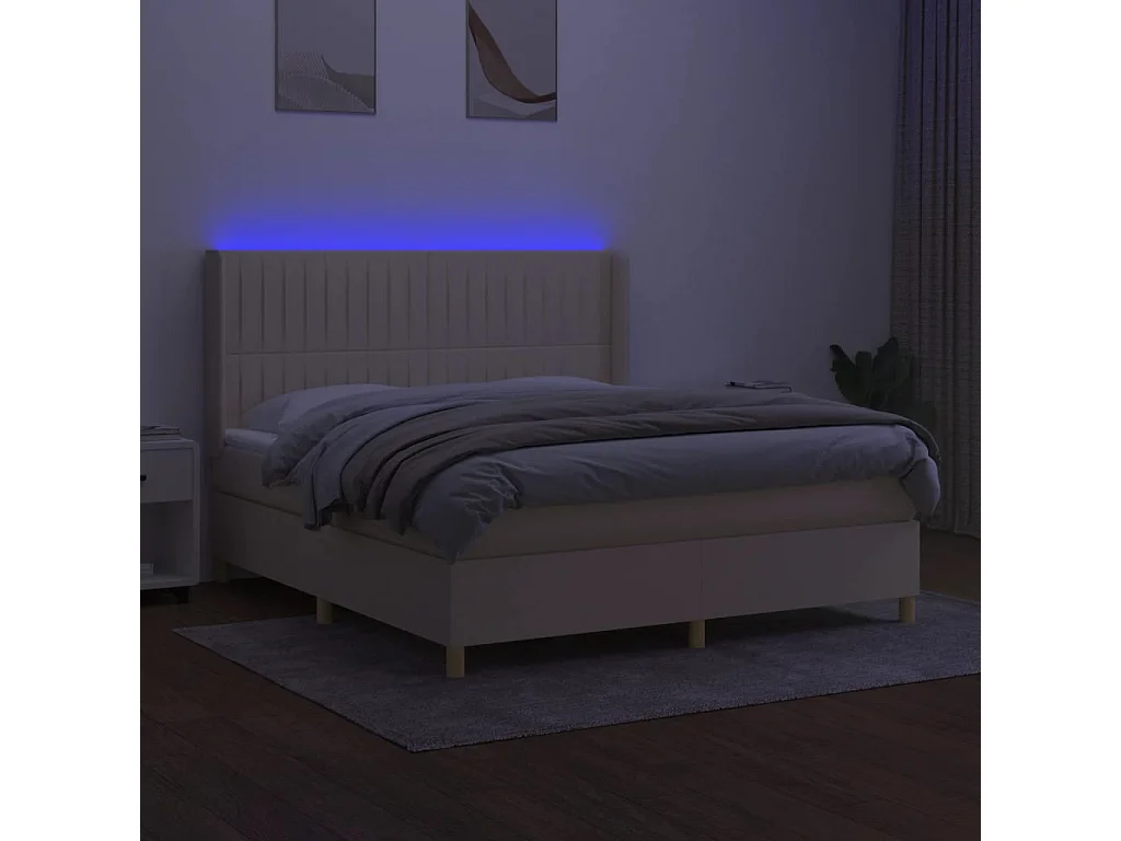 Cama box spring colchón y luces LED tela crema 180x200 cm
