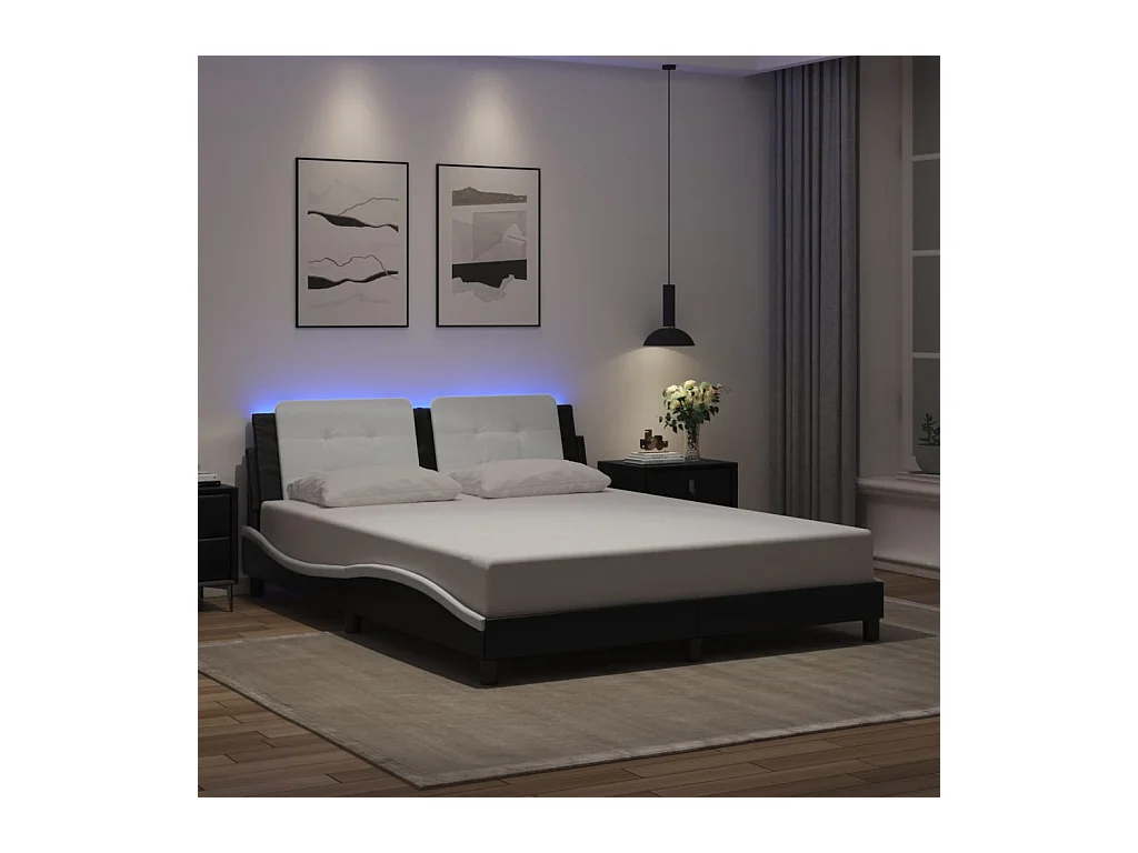 Estructura de cama con luz LED cuero PE negro blanco 160x200 cm