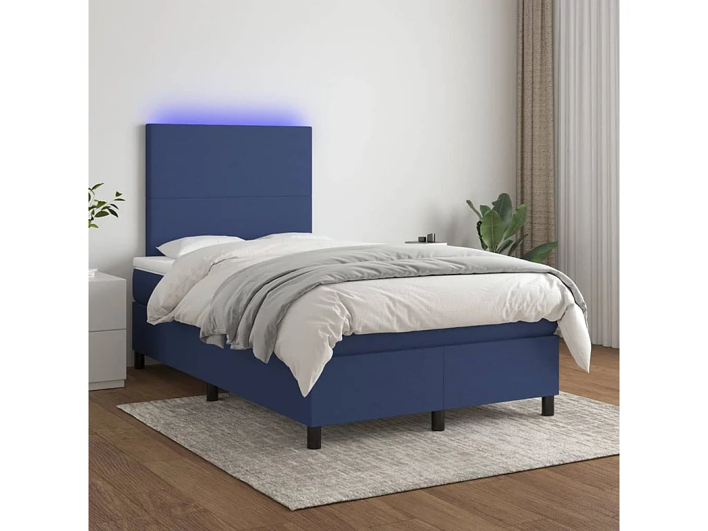 Cama box spring c/ colchão e LED 120x190 cm tecido azul