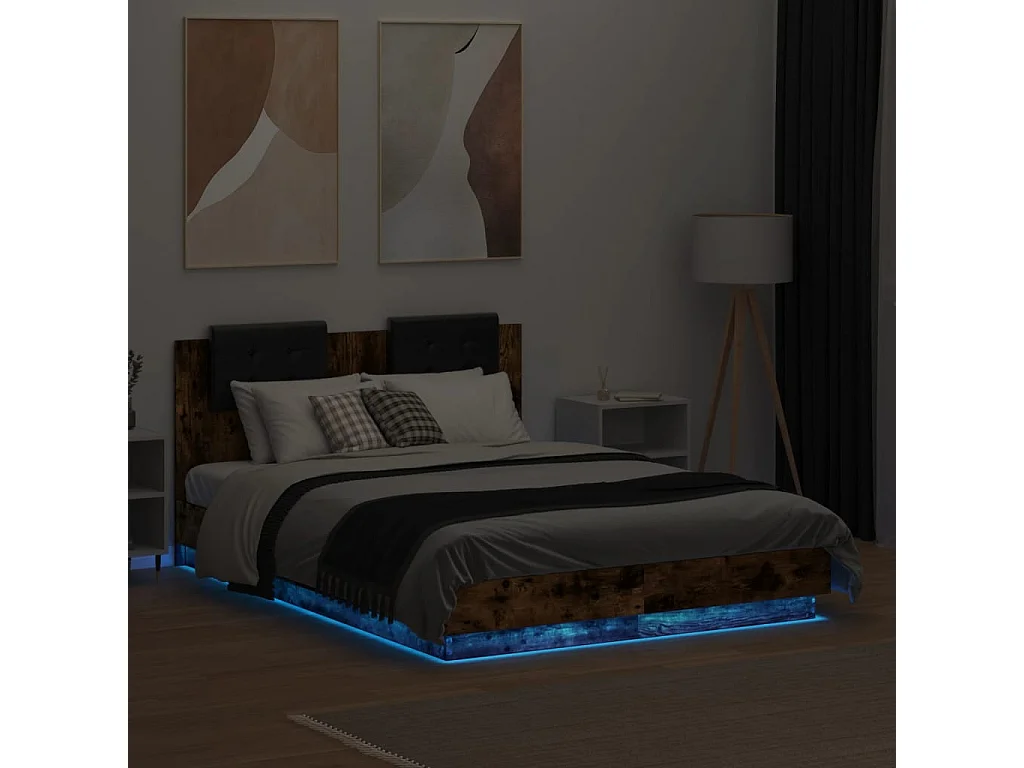 Bedframe met hoofdbord en LED gerookt eikenkleur 120x190 cm