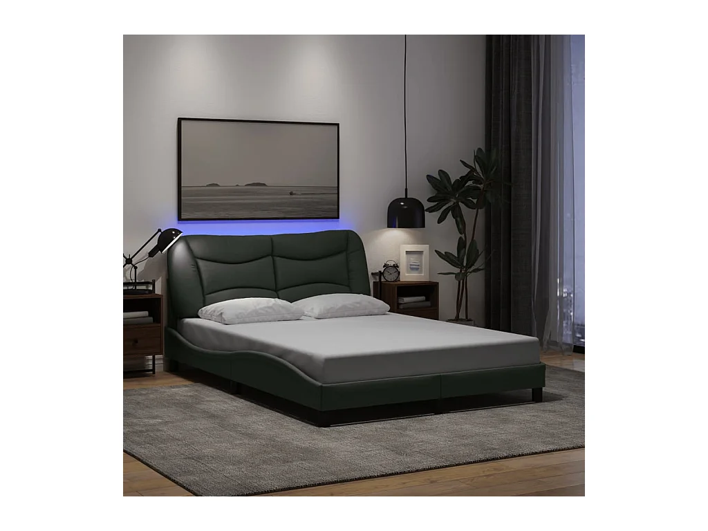 Cadre de lit avec LED sans matelas gris foncé 140x190 cm tissu