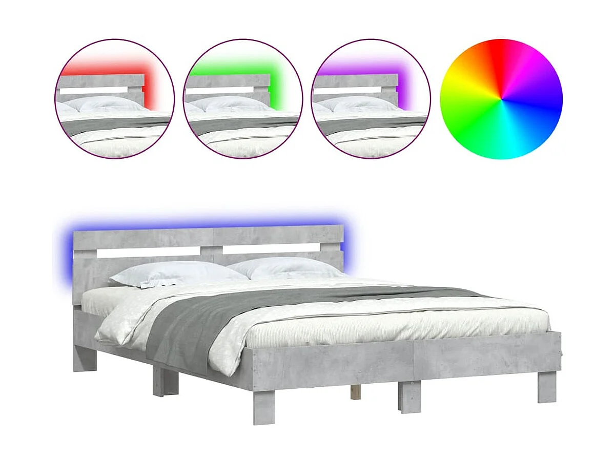 Estrutura cama cabeceira e luzes LED 140x200cm cinzento cimento