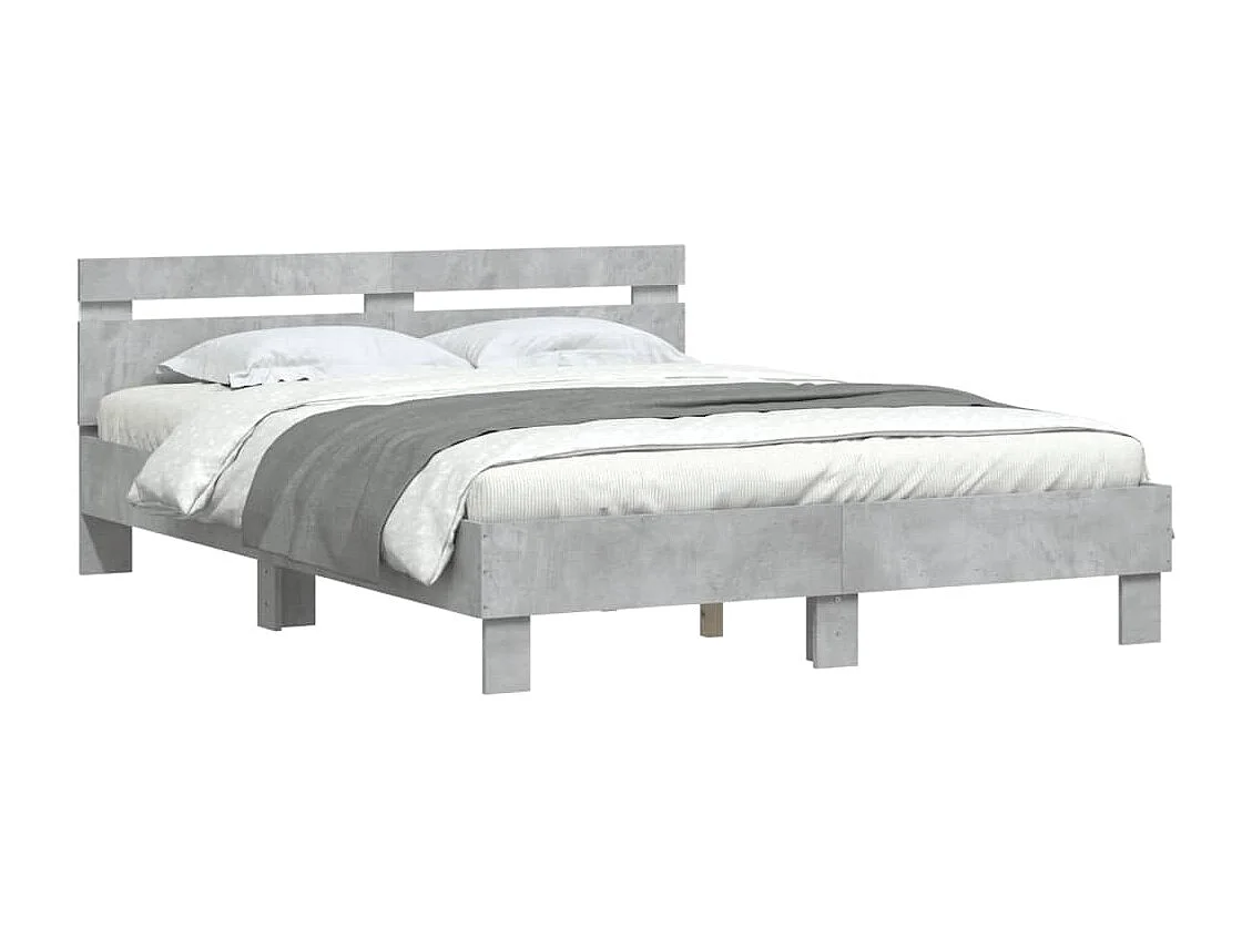 Estrutura cama cabeceira e luzes LED 140x200cm cinzento cimento