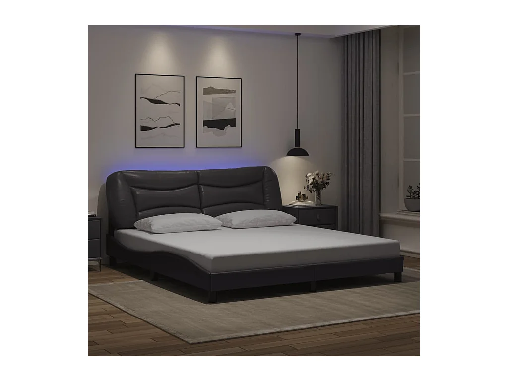 Estrutura de cama c/ luzes LED 180x200cm couro artificial cinza