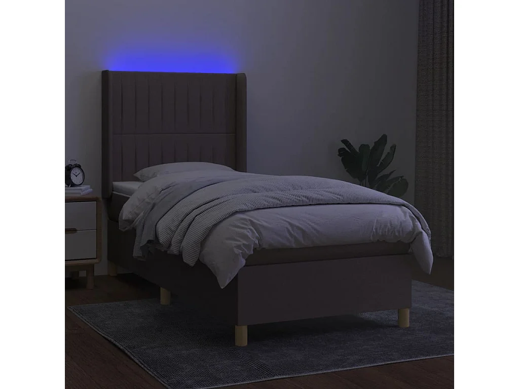 Cama box spring colchón y luces LED tela gris taupe 90x190 cm