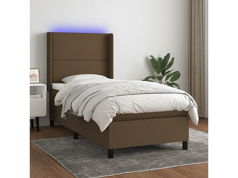 Cama box spring c/ colchão/LED 80x200cm tecido castanho-escuro