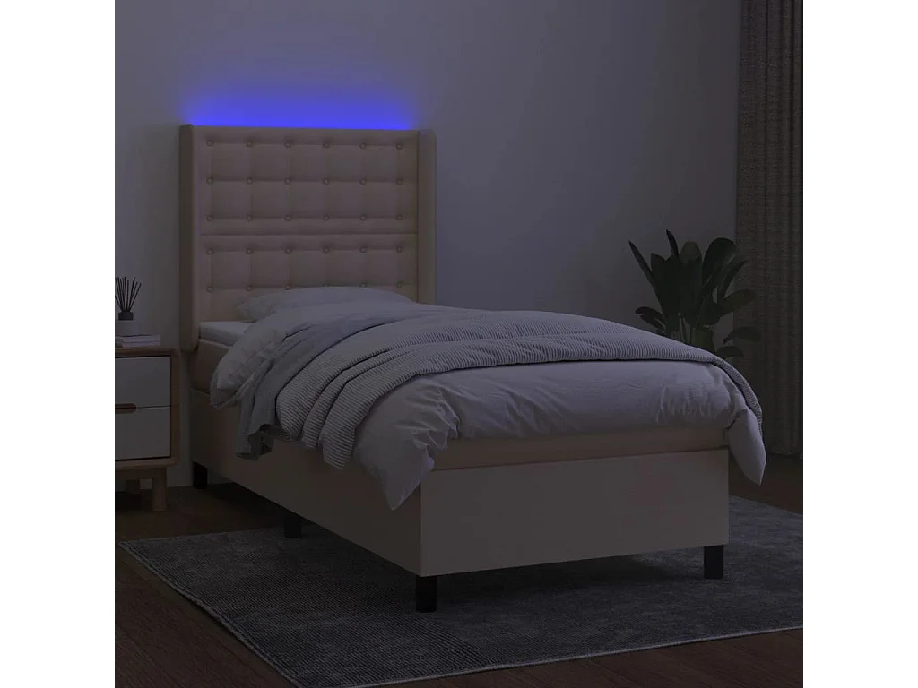 Cama box spring colchón y luces LED tela crema 80x200 cm