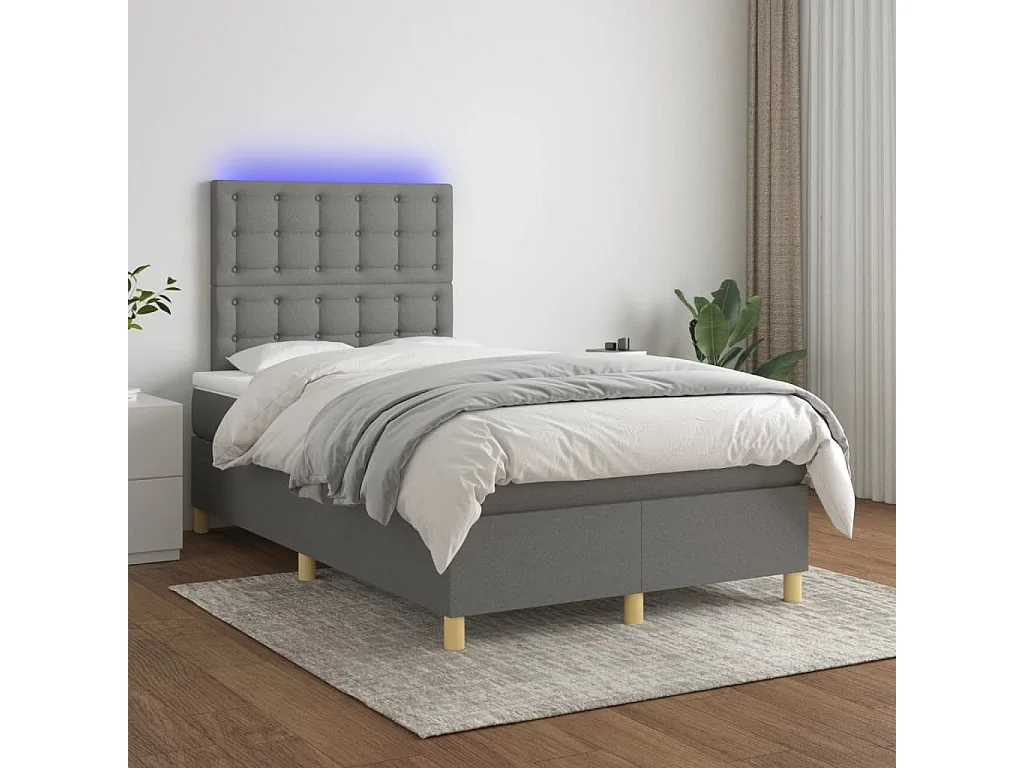 Cama box spring con colchón y LED tela marrón oscuro 120x190 cm