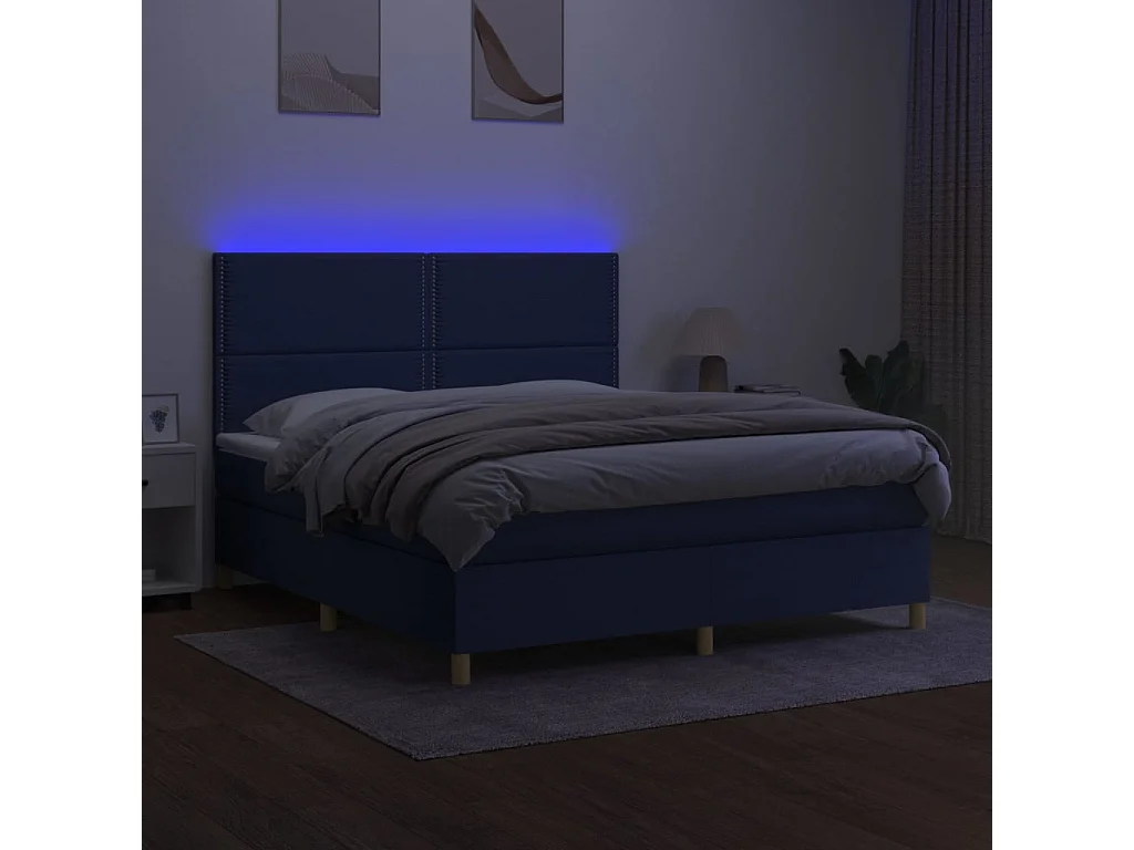 Sommier à lattes de lit et matelas et LED Bleu 180x200 cm Tissu