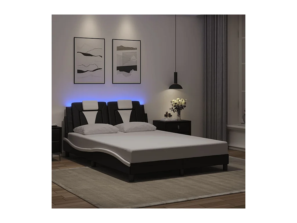 Bettgestell mit LED Schwarz und Weiß 140x190 cm Kunstleder