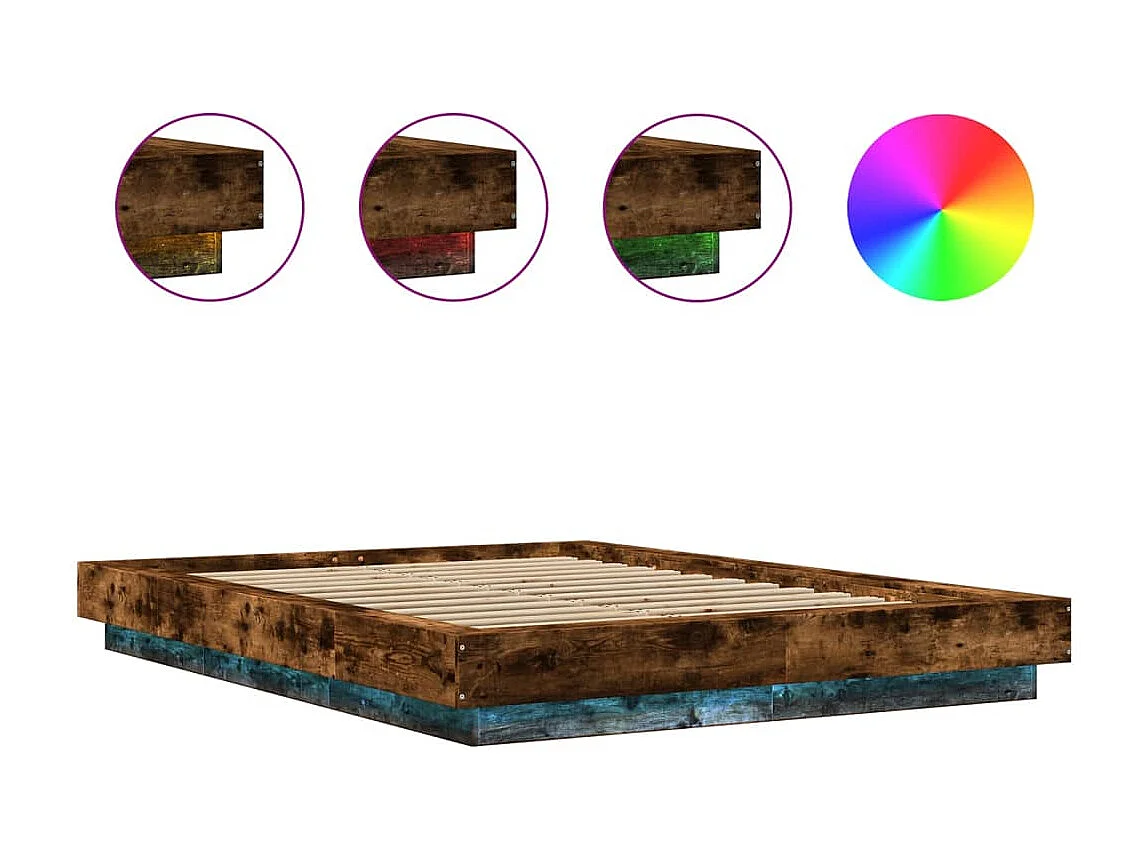Cadre de lit et lumières LED sans matelas chêne fumé 135x190 cm