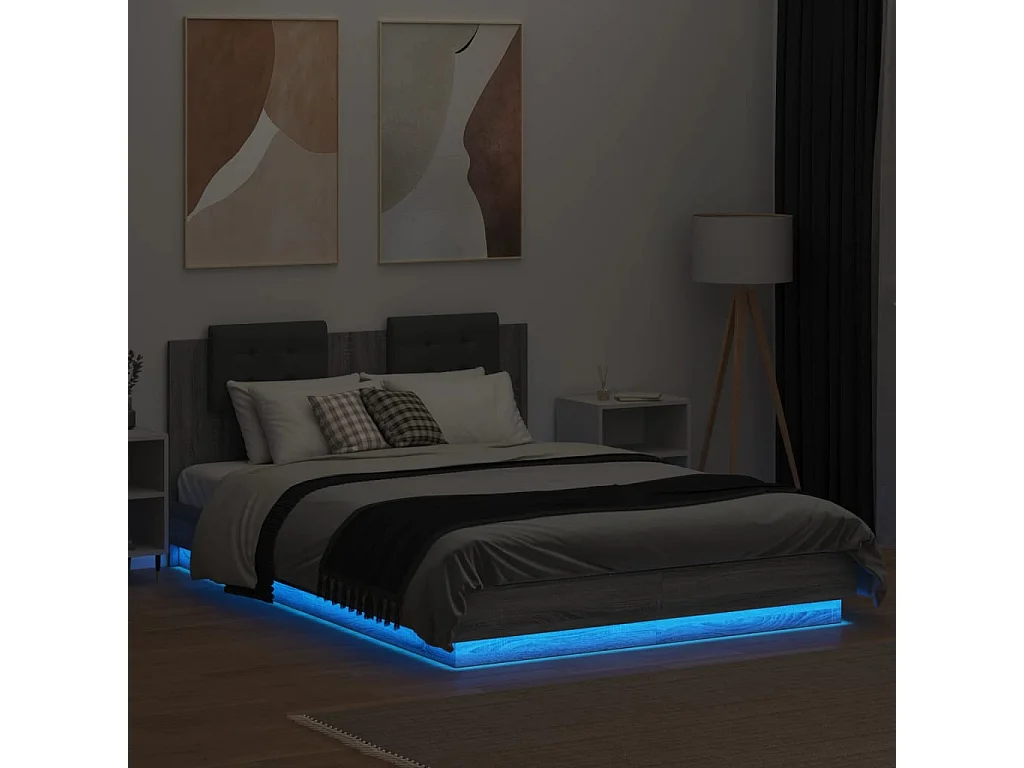 Bedframe met hoofdbord en LED grijs sonoma eiken 150x200 cm