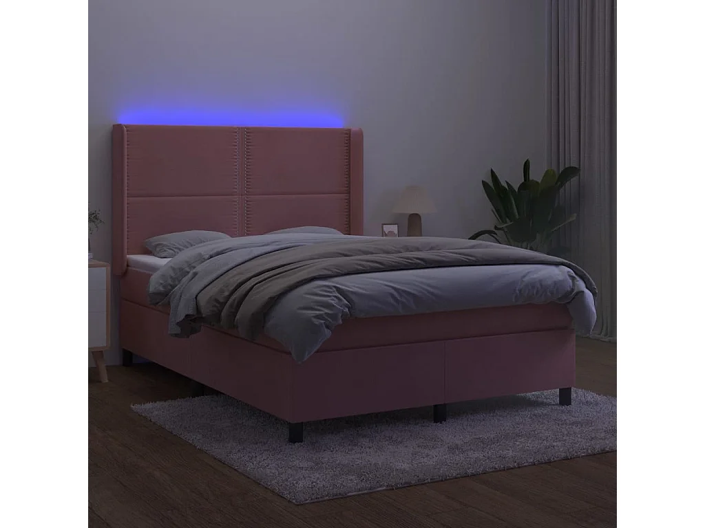 Cama box spring c/ colchão/LED 140x200 cm veludo rosa
