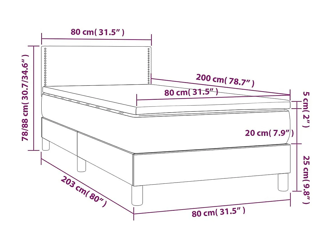 Cama box spring c/ colchão/LED 80x200 cm couro artificial cinza