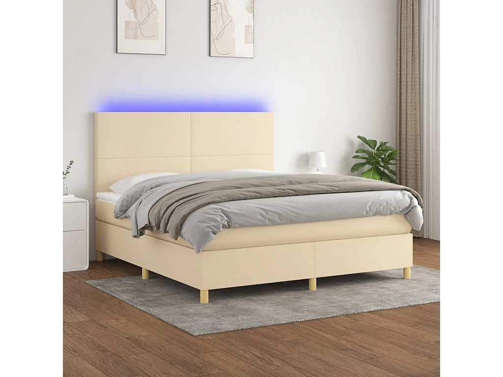 Cama box spring c/ colchão e LED 160x200 cm tecido cor creme