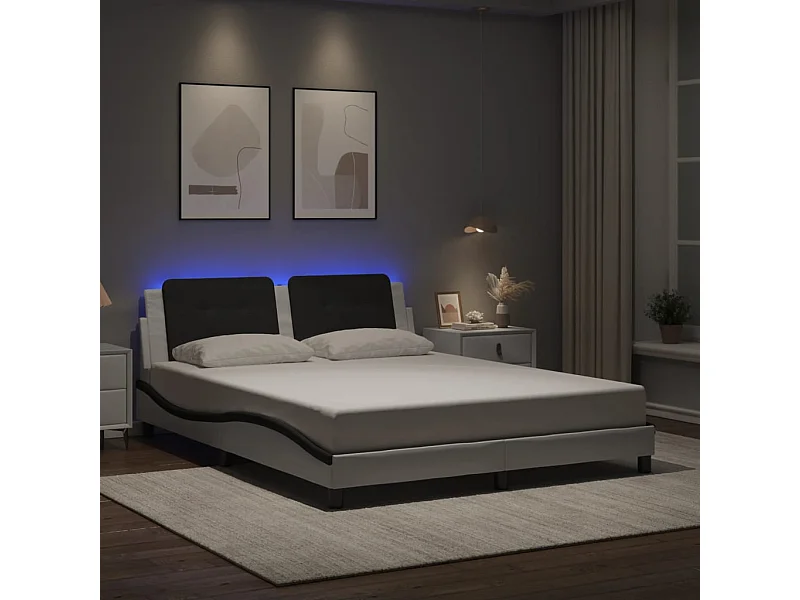 Estructura de cama con luz LED cuero PE blanco negro 160x200 cm